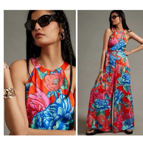 FARM Rio Pants - NWT FARM Rio X Anthro Halter Jumpsuit in Pink Combo Size L